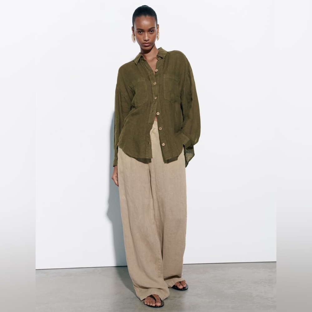 Zara 100% Linen Oversized Shirt in Khaki